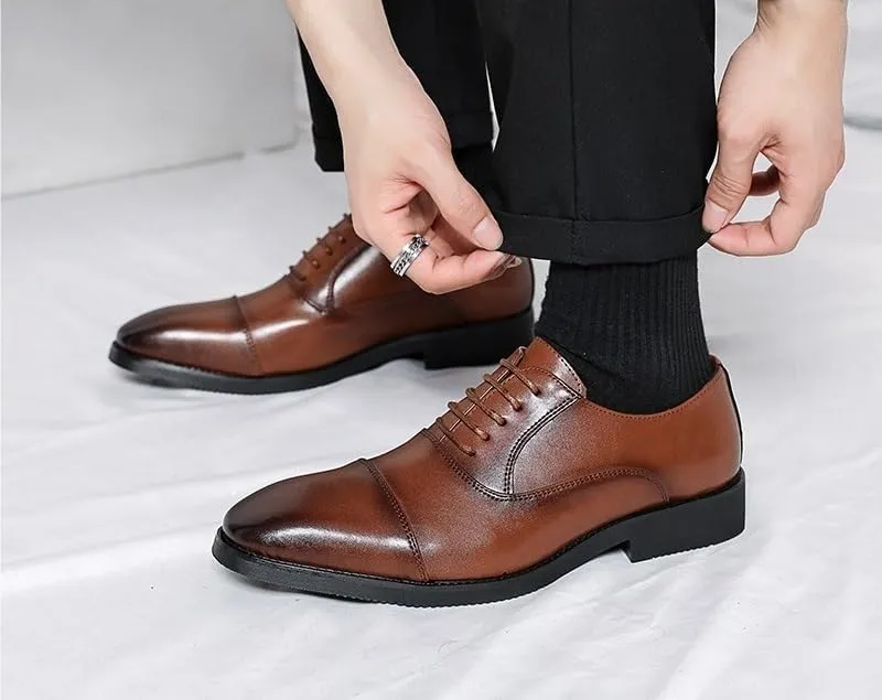 Dress Oxford for Men Lace Up Pointed Burnished Toe Vegan Leather Cap Toe Oxford Shoes Low Top Anti-Slip Rubber Sole Block Heel Non Slip Wedding