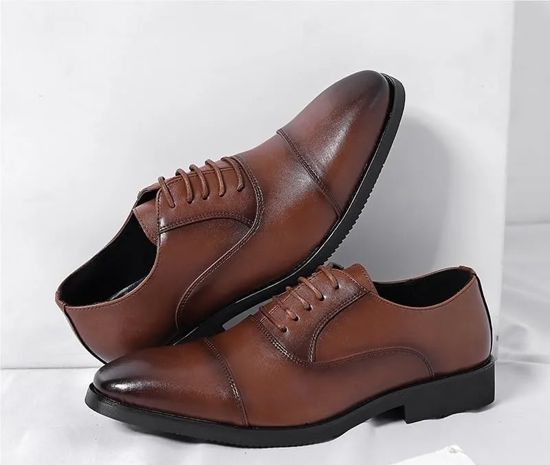 Dress Oxford for Men Lace Up Pointed Burnished Toe Vegan Leather Cap Toe Oxford Shoes Low Top Anti-Slip Rubber Sole Block Heel Non Slip Wedding