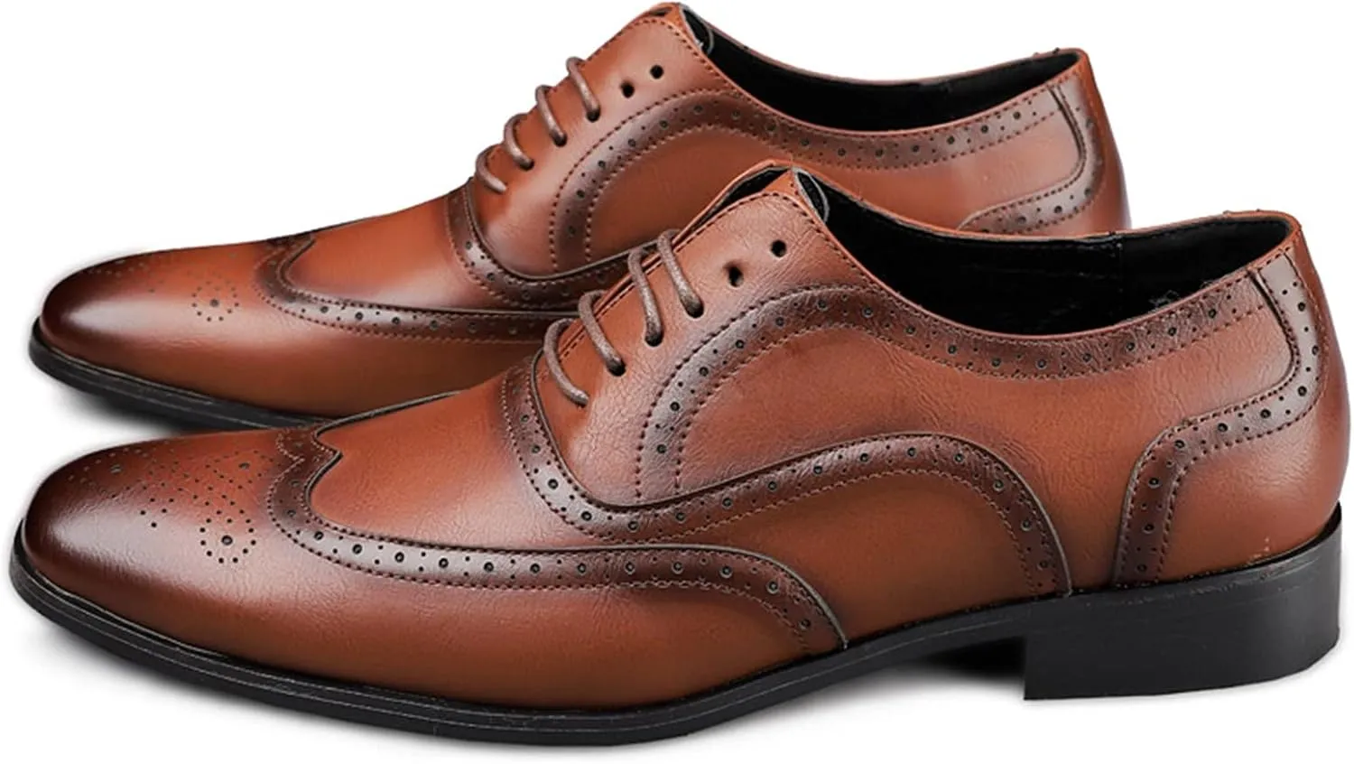 Dress Oxford Formal Shoes for Men Lace Up Brogue Embossed Burnished Wing Tip Vegan Leather Non Slip Resistant Rubber Sole Low Top Block Heel Wedding
