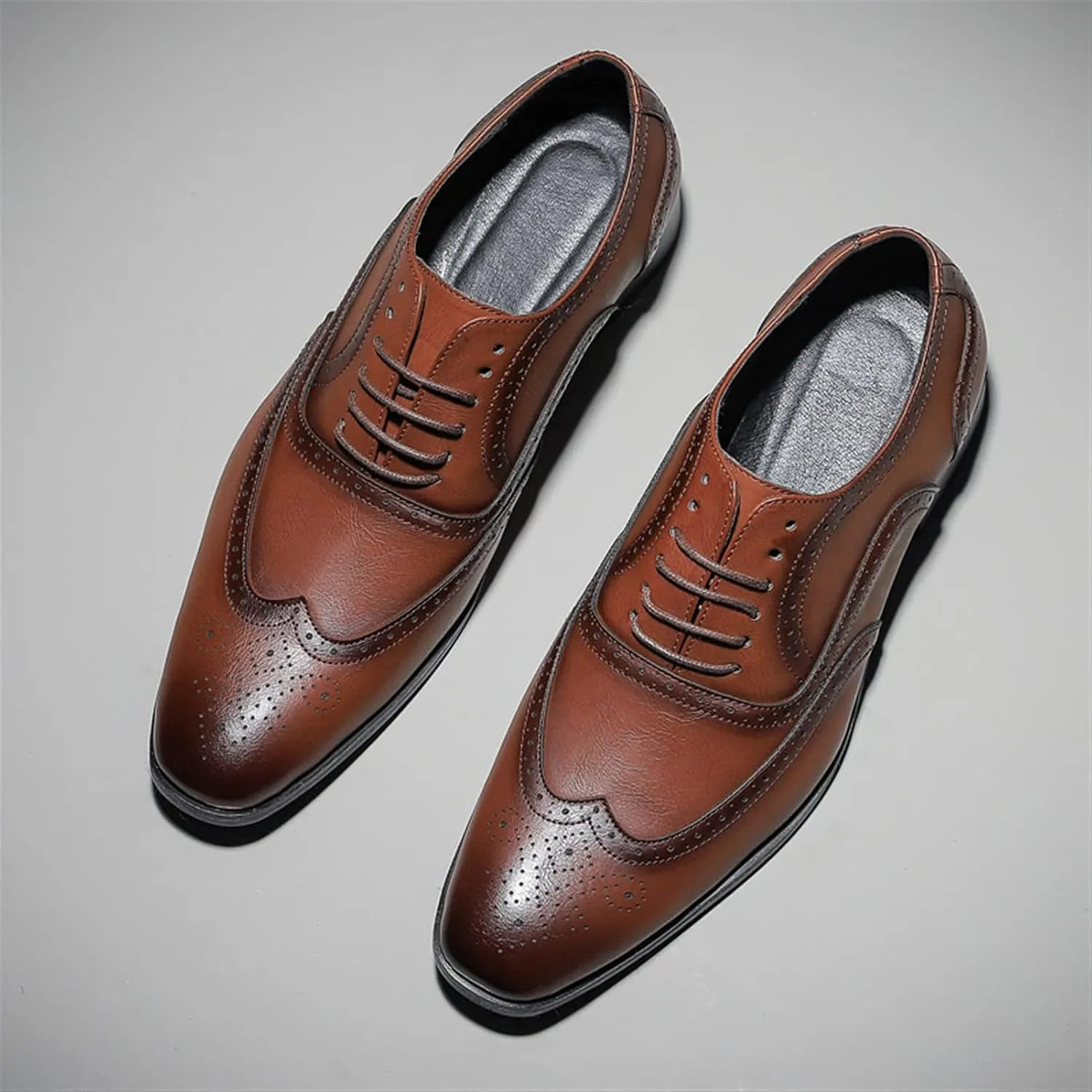 Dress Oxford Formal Shoes for Men Lace Up Brogue Embossed Burnished Wing Tip Vegan Leather Non Slip Resistant Rubber Sole Low Top Block Heel Wedding