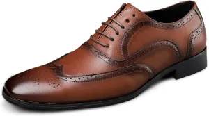 Dress Oxford Formal Shoes for Men Lace Up Brogue Embossed Burnished Wing Tip Vegan Leather Non Slip Resistant Rubber Sole Low Top Block Heel Wedding
