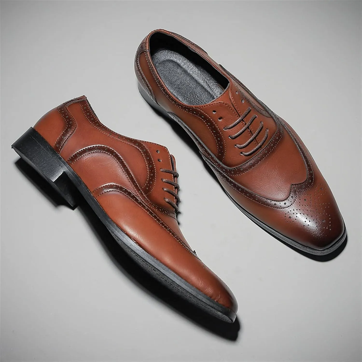 Dress Oxford Formal Shoes for Men Lace Up Brogue Embossed Burnished Wing Tip Vegan Leather Non Slip Resistant Rubber Sole Low Top Block Heel Wedding
