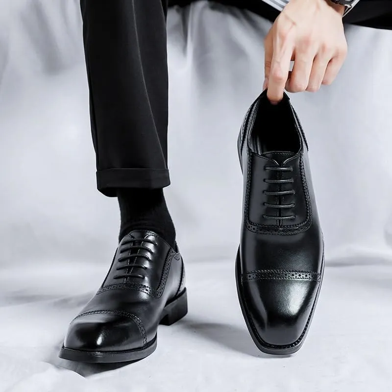 Dress Oxford Shoes for Men Lace Up Square Toe Vegan Leather Cap Toe Oxford Shoes Slip Resistant Anti-Slip Non Slip Block Heel Business