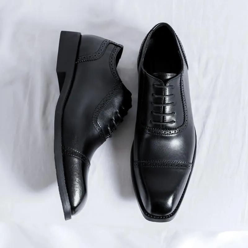Dress Oxford Shoes for Men Lace Up Square Toe Vegan Leather Cap Toe Oxford Shoes Slip Resistant Anti-Slip Non Slip Block Heel Business