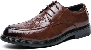 Dress Shoes for Men Lace Up Round Burnished Toe Crocodile Derby Shoes Vegan Leather Anti-Slip Rubber Sole Slip Resistant Low Top Wedding