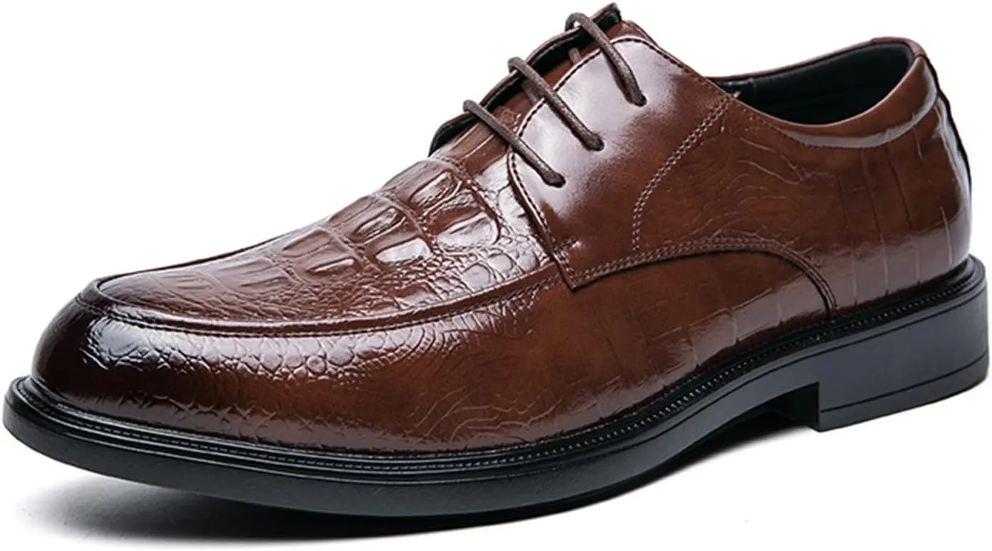 Dress Shoes for Men Lace Up Round Burnished Toe Crocodile Derby Shoes Vegan Leather Anti-Slip Rubber Sole Slip Resistant Low Top Wedding