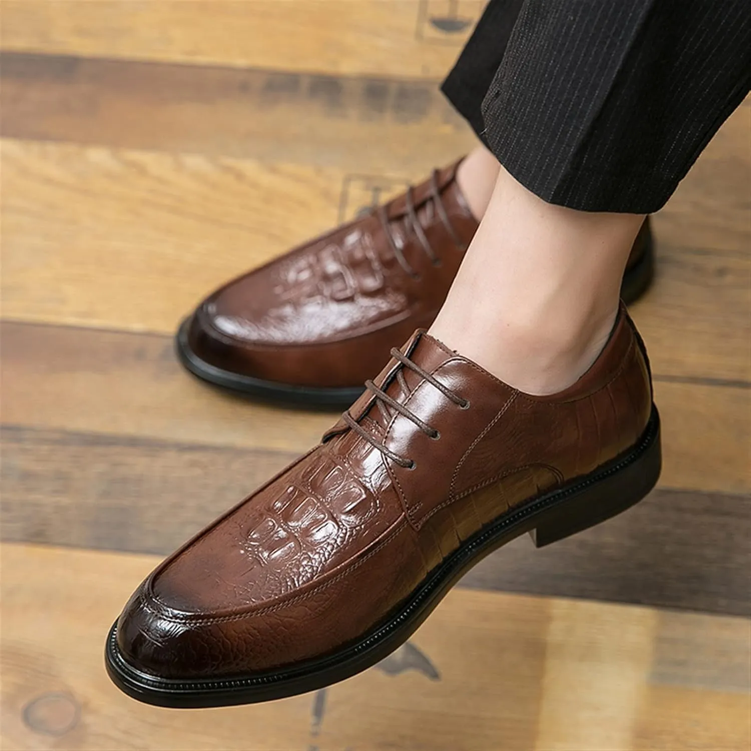 Dress Shoes for Men Lace Up Round Burnished Toe Crocodile Derby Shoes Vegan Leather Anti-Slip Rubber Sole Slip Resistant Low Top Wedding