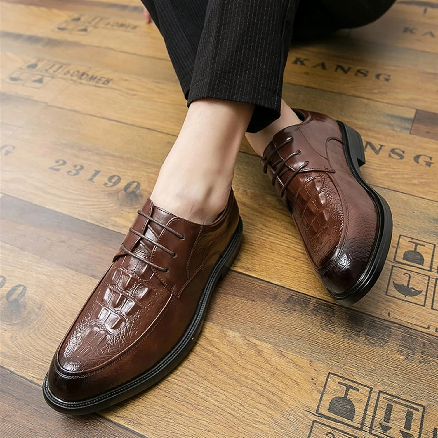 Dress Shoes for Men Lace Up Round Burnished Toe Crocodile Derby Shoes Vegan Leather Anti-Slip Rubber Sole Slip Resistant Low Top Wedding