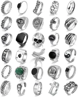 EIELO Vintage Silver Punk Rings Set for Men Cool Gothic Alt Chunky Rings Bulk Skull Snake Stackable Hippie Knuckle Bulky Rings Pack