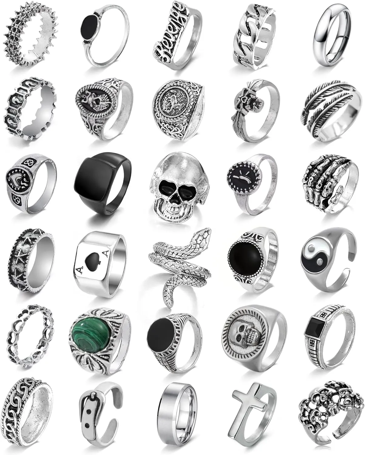 EIELO Vintage Silver Punk Rings Set for Men Cool Gothic Alt Chunky Rings Bulk Skull Snake Stackable Hippie Knuckle Bulky Rings Pack