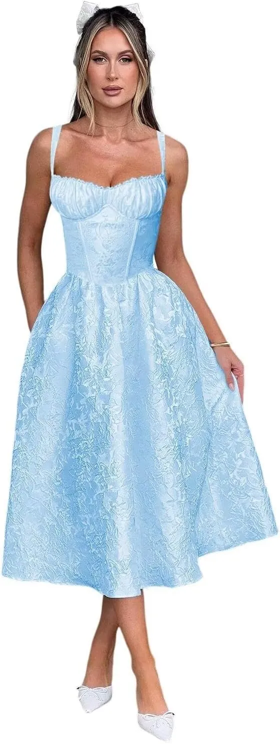 Embroidery Satin Tea Length Prom Dress Spaghetti Straps Jacquard Floral Midi Cocktail Party Fromal Gowns