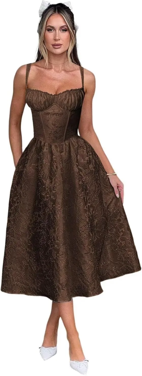 Embroidery Satin Tea Length Prom Dress Spaghetti Straps Jacquard Floral Midi Cocktail Party Fromal Gowns