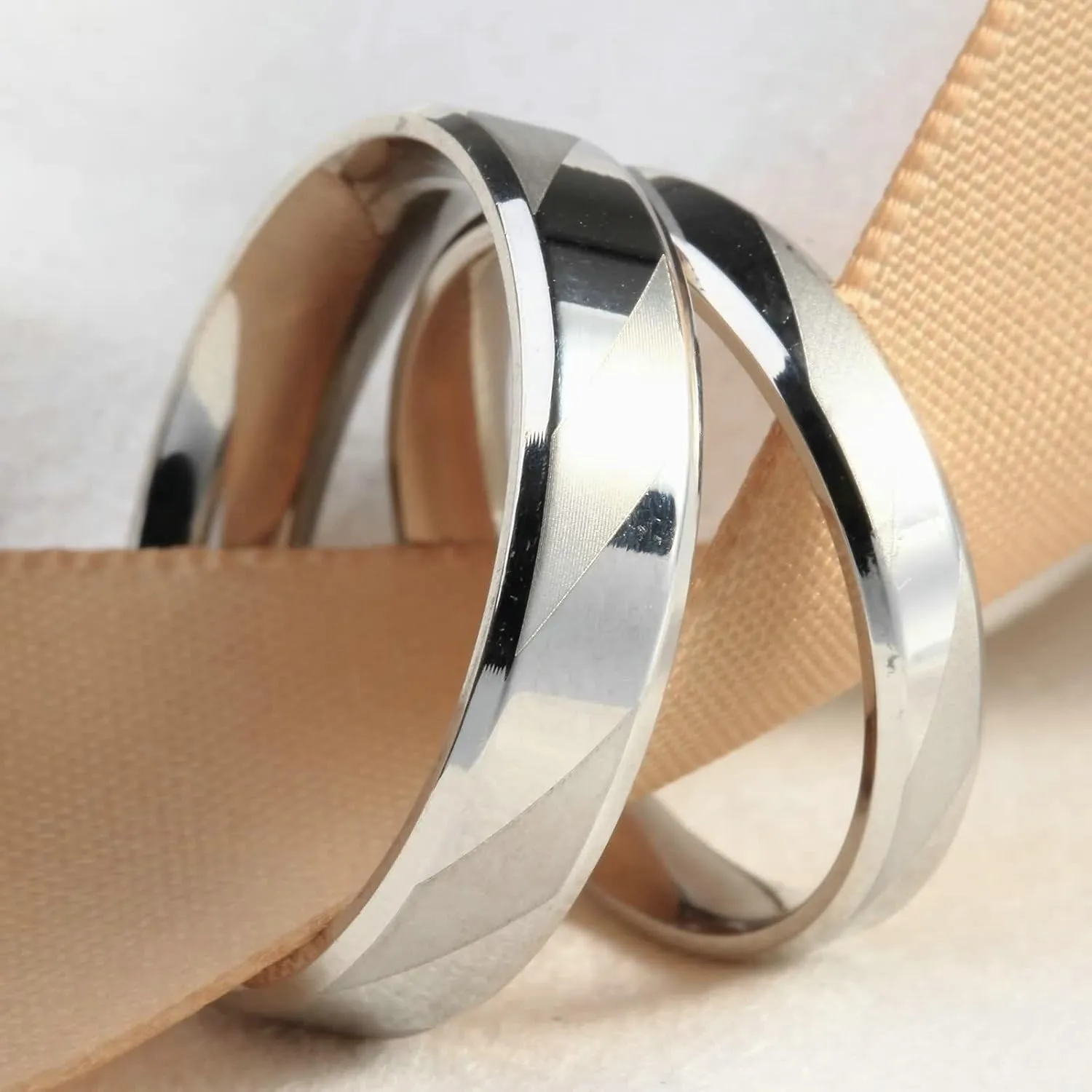 Epinki Simple Engagement Rings, Stainless Steel Silver Geometric Matte and Polished Ring Bands 2PCS Couple Rings