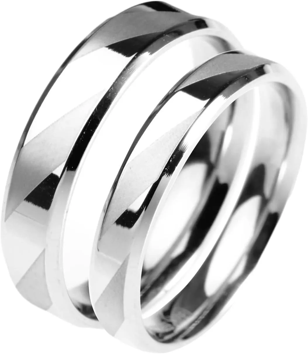 Epinki Simple Engagement Rings, Stainless Steel Silver Geometric Matte and Polished Ring Bands 2PCS Couple Rings