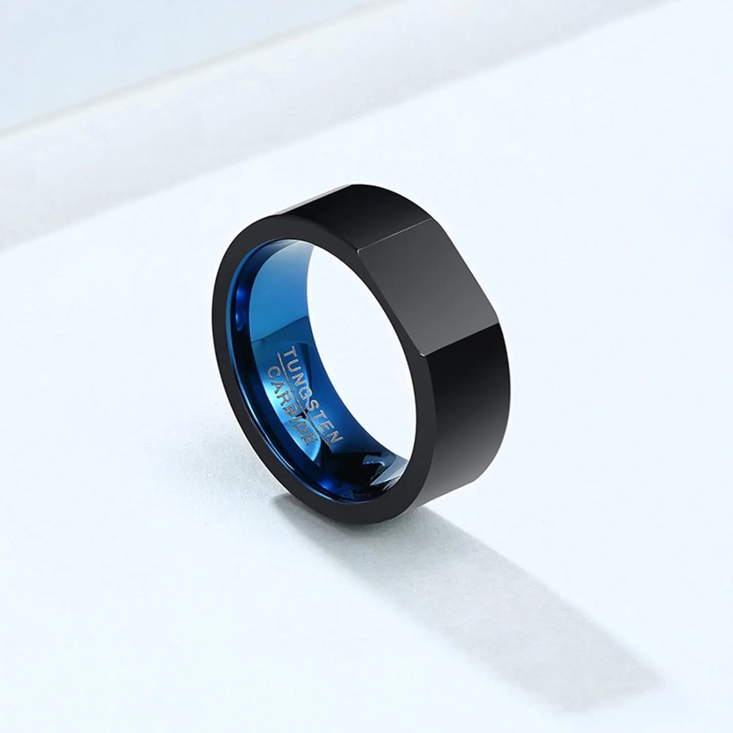 Epinki Tungsten Rings, 8MM Black Blue Geometric Ring Band 2PCS Couples Jewelry