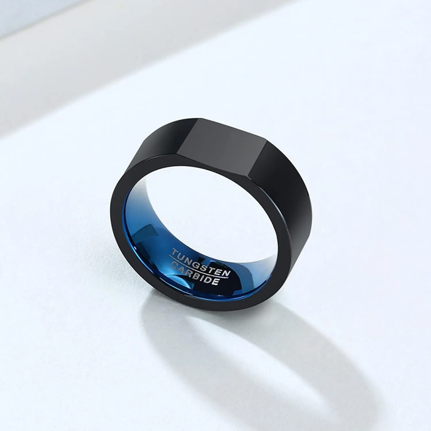 Epinki Tungsten Rings, 8MM Black Blue Geometric Ring Band 2PCS Couples Jewelry
