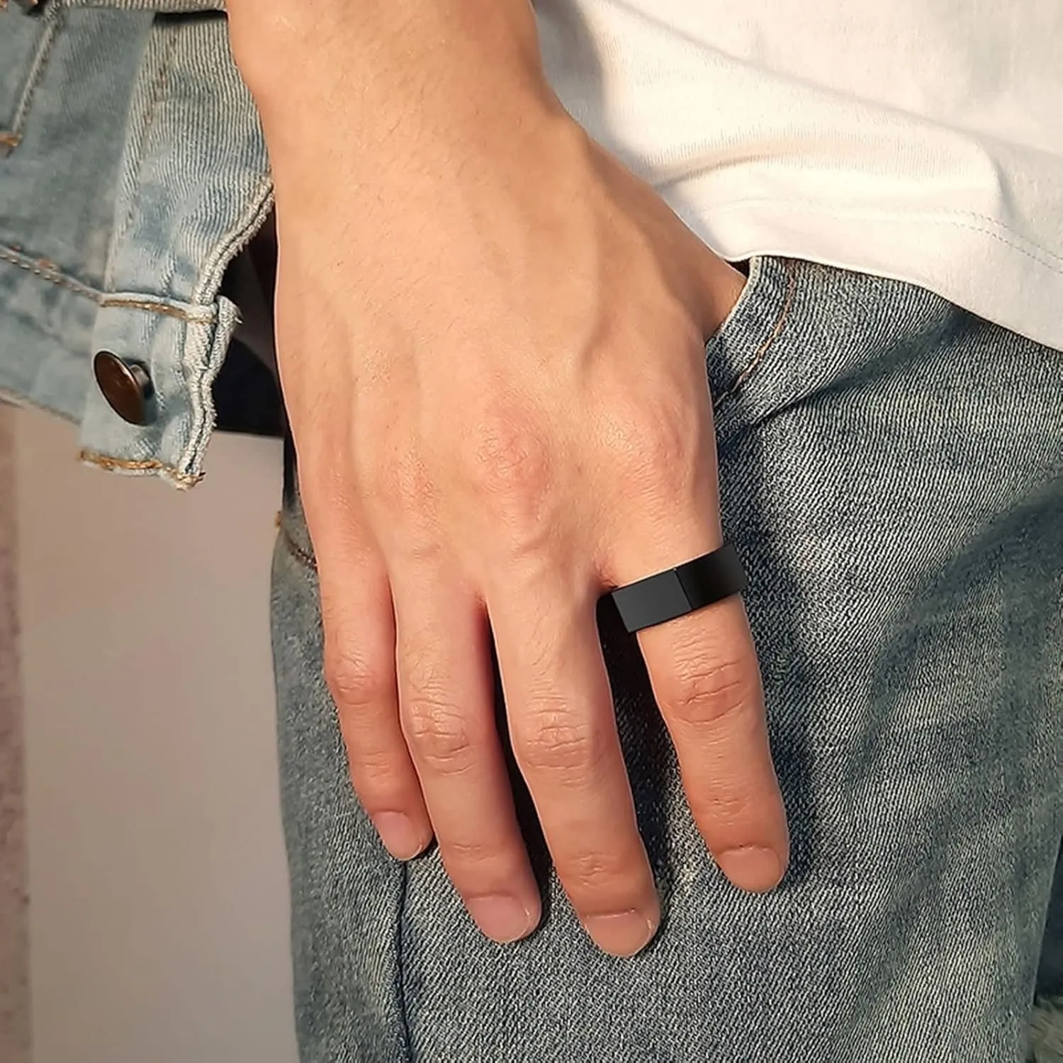Epinki Tungsten Rings, 8MM Black Blue Geometric Ring Band 2PCS Couples Jewelry