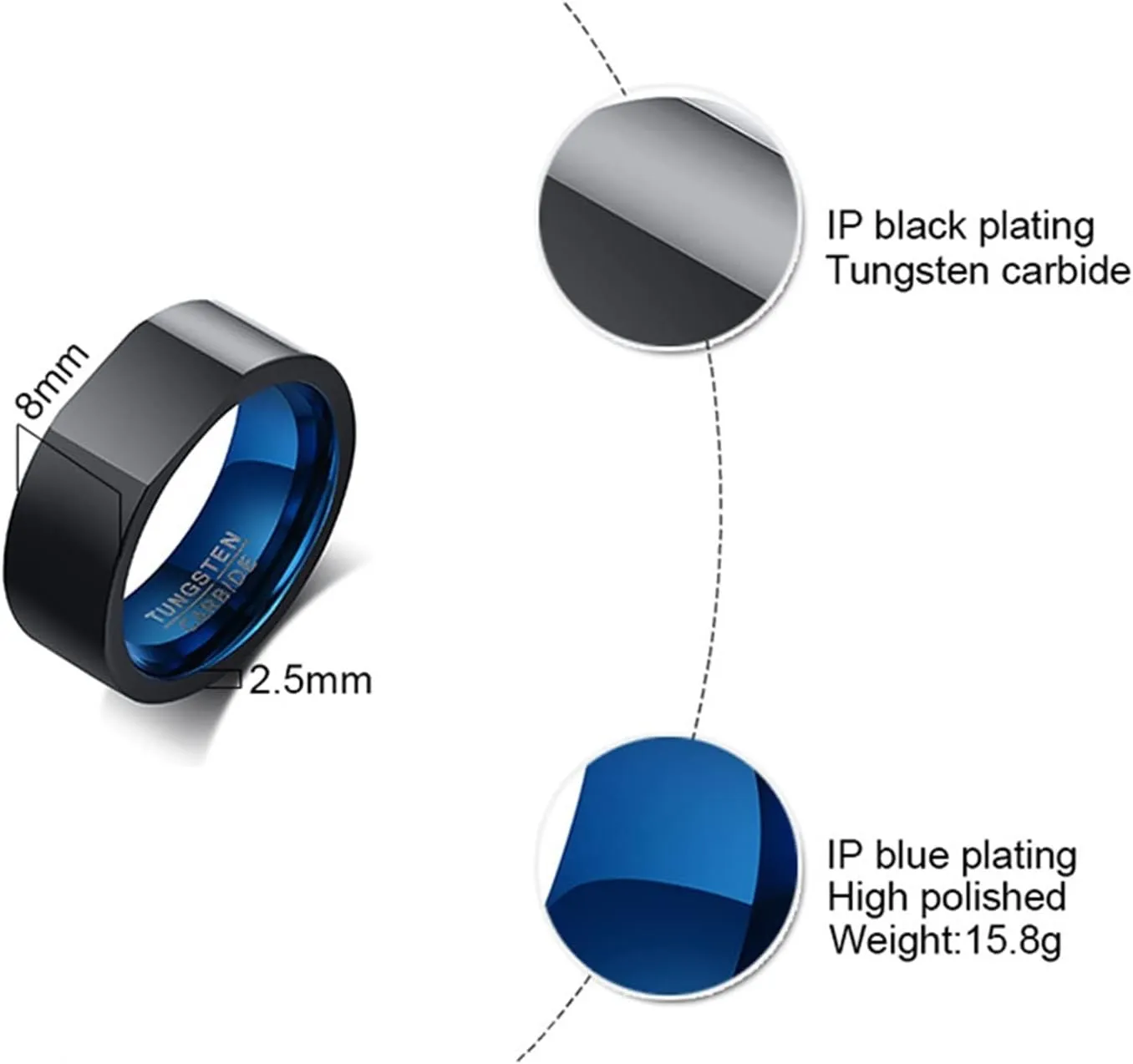 Epinki Tungsten Rings, 8MM Black Blue Geometric Ring Band 2PCS Couples Jewelry