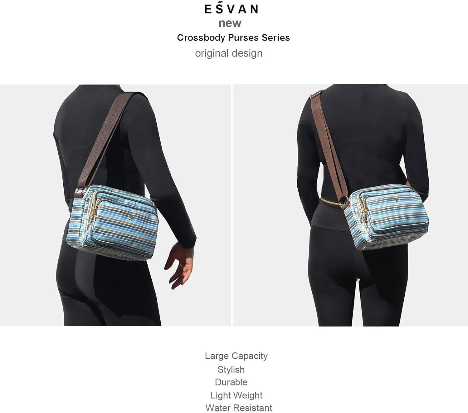 ESVAN Triple Zip Crossbody Bags for Women Fashion Ladies Purse Multi-Pocket Handbags Messenger Shoulder Bag