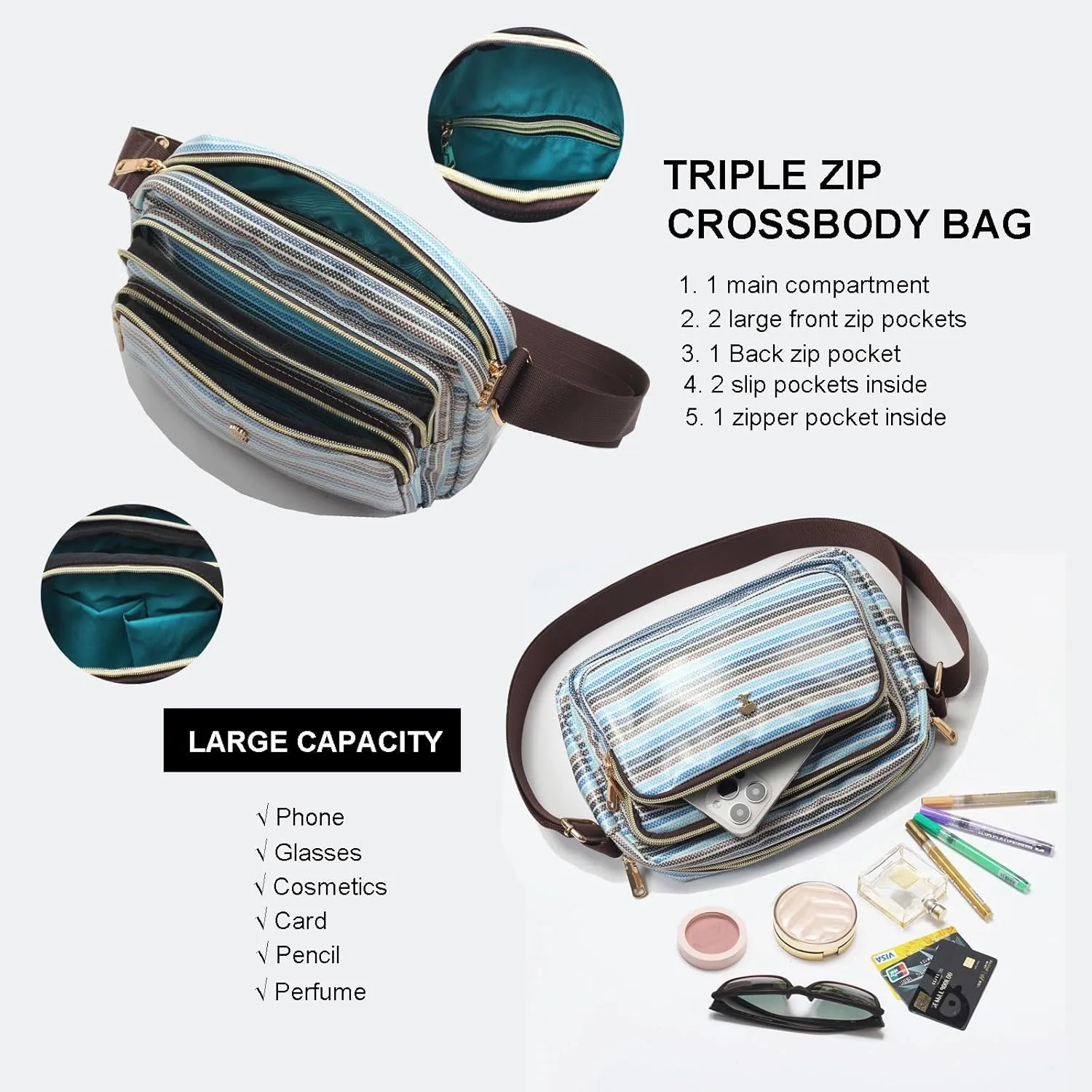ESVAN Triple Zip Crossbody Bags for Women Fashion Ladies Purse Multi-Pocket Handbags Messenger Shoulder Bag