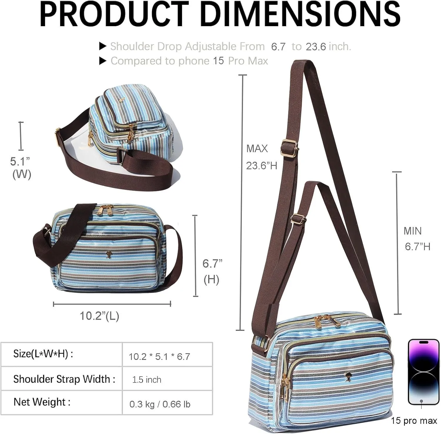 ESVAN Triple Zip Crossbody Bags for Women Fashion Ladies Purse Multi-Pocket Handbags Messenger Shoulder Bag