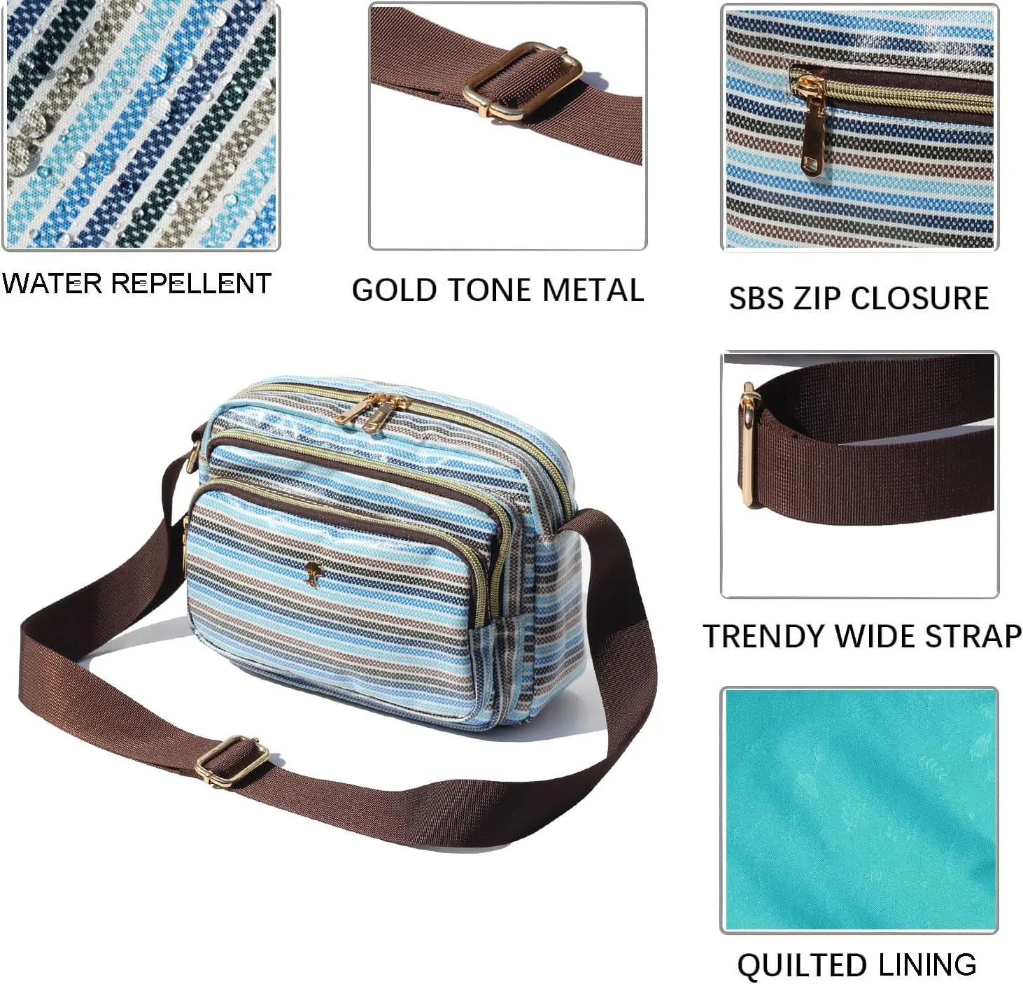 ESVAN Triple Zip Crossbody Bags for Women Fashion Ladies Purse Multi-Pocket Handbags Messenger Shoulder Bag