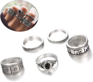 Ethnic Silver Alloy Totems Ring Set for Women 5pcs Fashion Rings Unique Design for Finger Occasion Jewelry for Birthday Anniversary