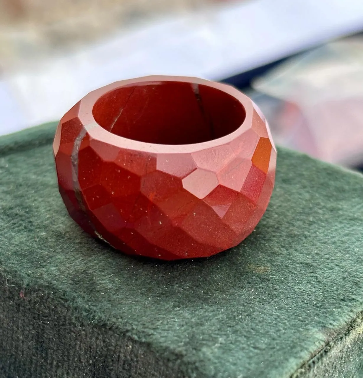 Faceted Dome Jasper Ring, Deep Redjasper, Geometric Pattern, Statement Jewelry, gemstone ring