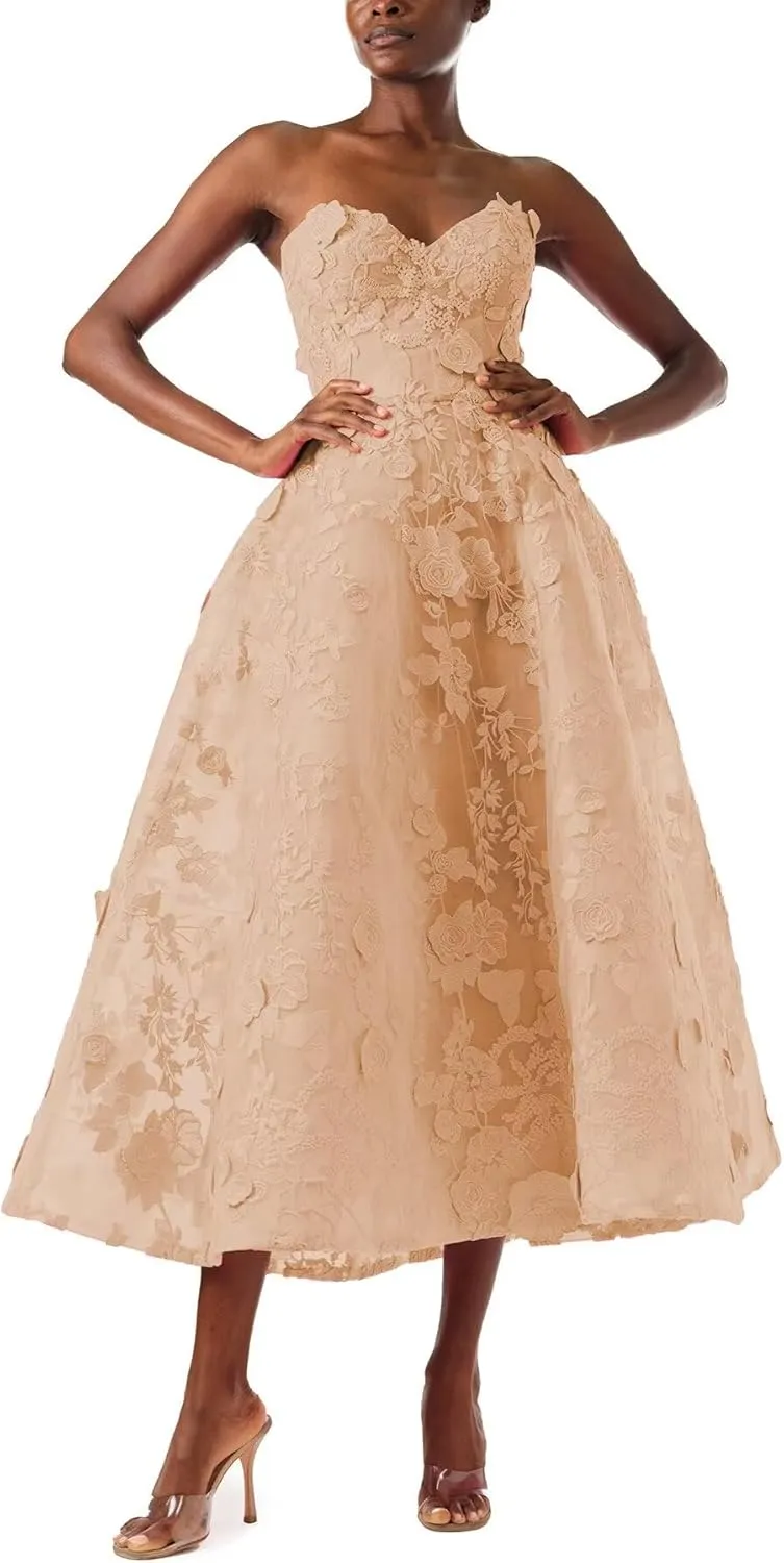 FANGHEIA Strapless 3D Floral Laces Prom Dress for Women Sweetheart Formal Party Gowns Tea Length Princess Evening Dress
