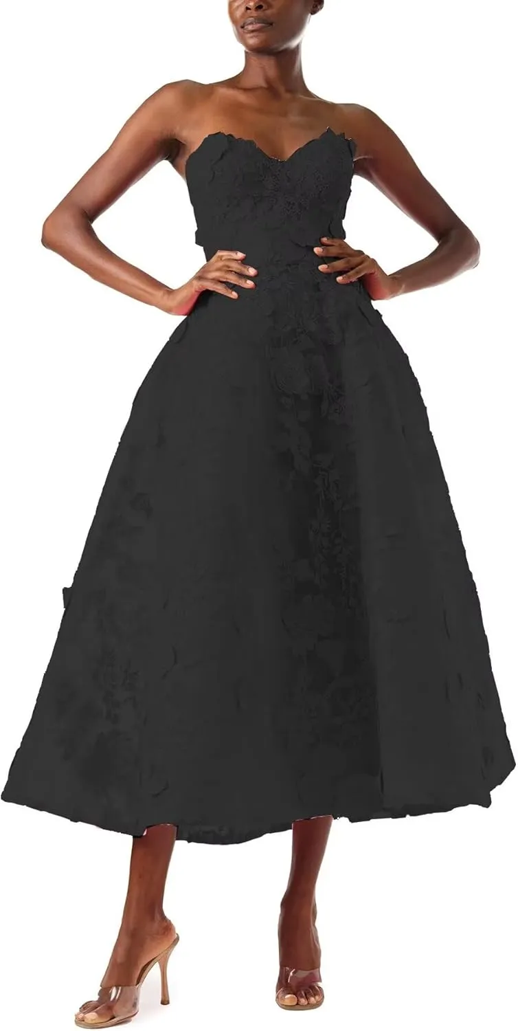 FANGHEIA Strapless 3D Floral Laces Prom Dress for Women Sweetheart Formal Party Gowns Tea Length Princess Evening Dress