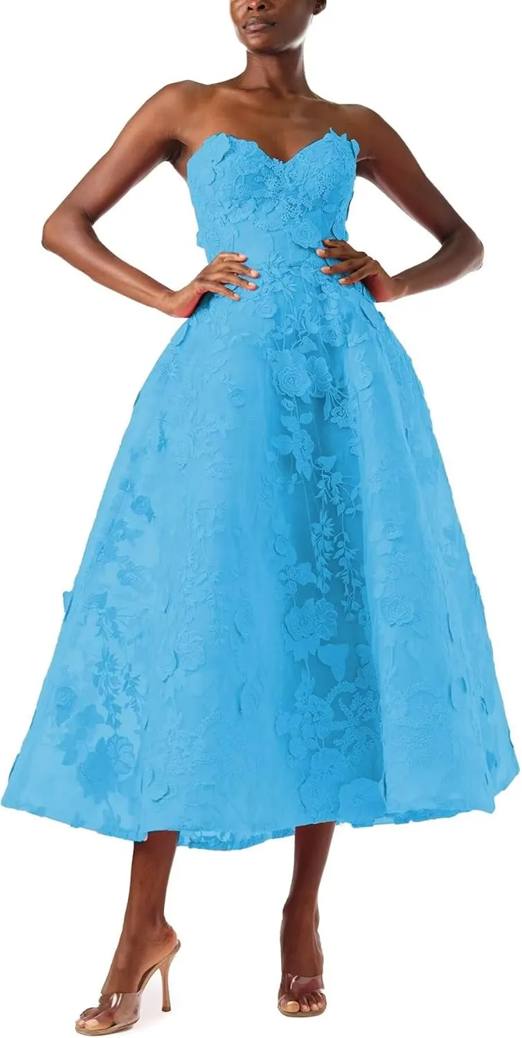 FANGHEIA Strapless 3D Floral Laces Prom Dress for Women Sweetheart Formal Party Gowns Tea Length Princess Evening Dress