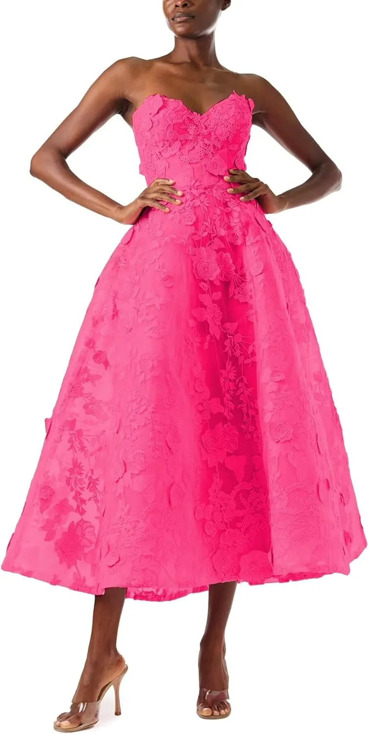 FANGHEIA Strapless 3D Floral Laces Prom Dress for Women Sweetheart Formal Party Gowns Tea Length Princess Evening Dress