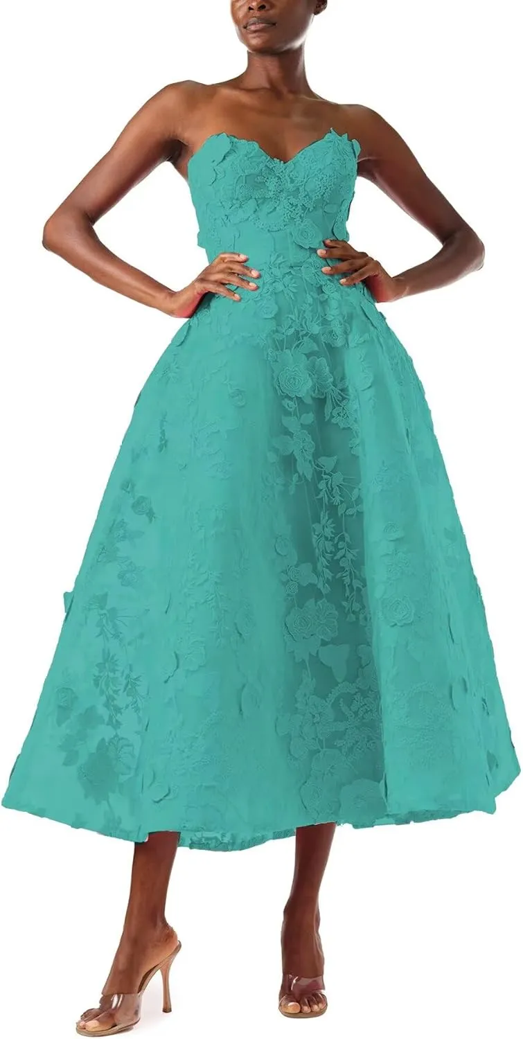 FANGHEIA Strapless 3D Floral Laces Prom Dress for Women Sweetheart Formal Party Gowns Tea Length Princess Evening Dress