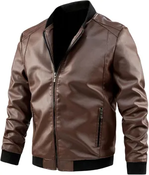 Faux Leather Jacket Men Casual Windbreak Motorcycle Coats Slim Zipper Tops Spring Fall Fashion Outfits with Pockets