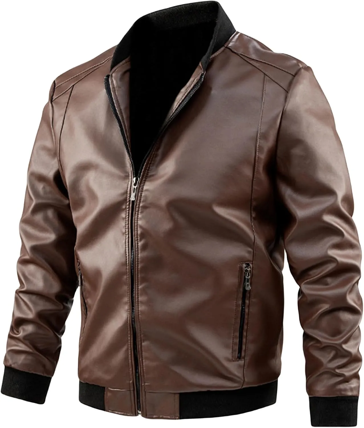 Faux Leather Jacket Men Casual Windbreak Motorcycle Coats Slim Zipper Tops Spring Fall Fashion Outfits with Pockets