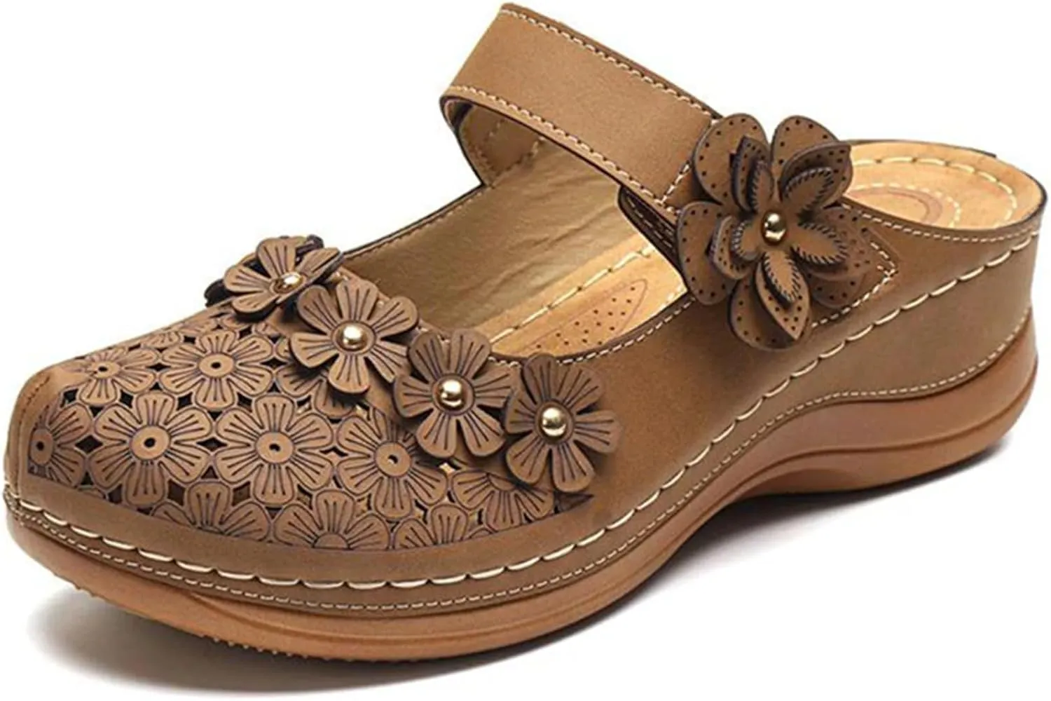FFMA Sandals for Women Summer Comfortable Platform Sandals Flower Solid Round Head Closed Toe Hollow Out Breathable Slip-on Casual Shoes Summer Lightweight Wedge Sandalias