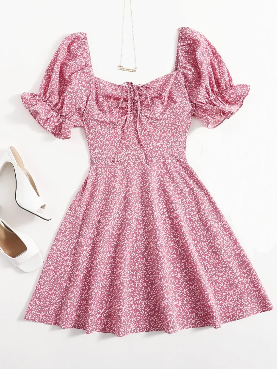 Floerns Women's Summer Drawstring Sweetheart Neck Puff Sleeve A Line Short Dress