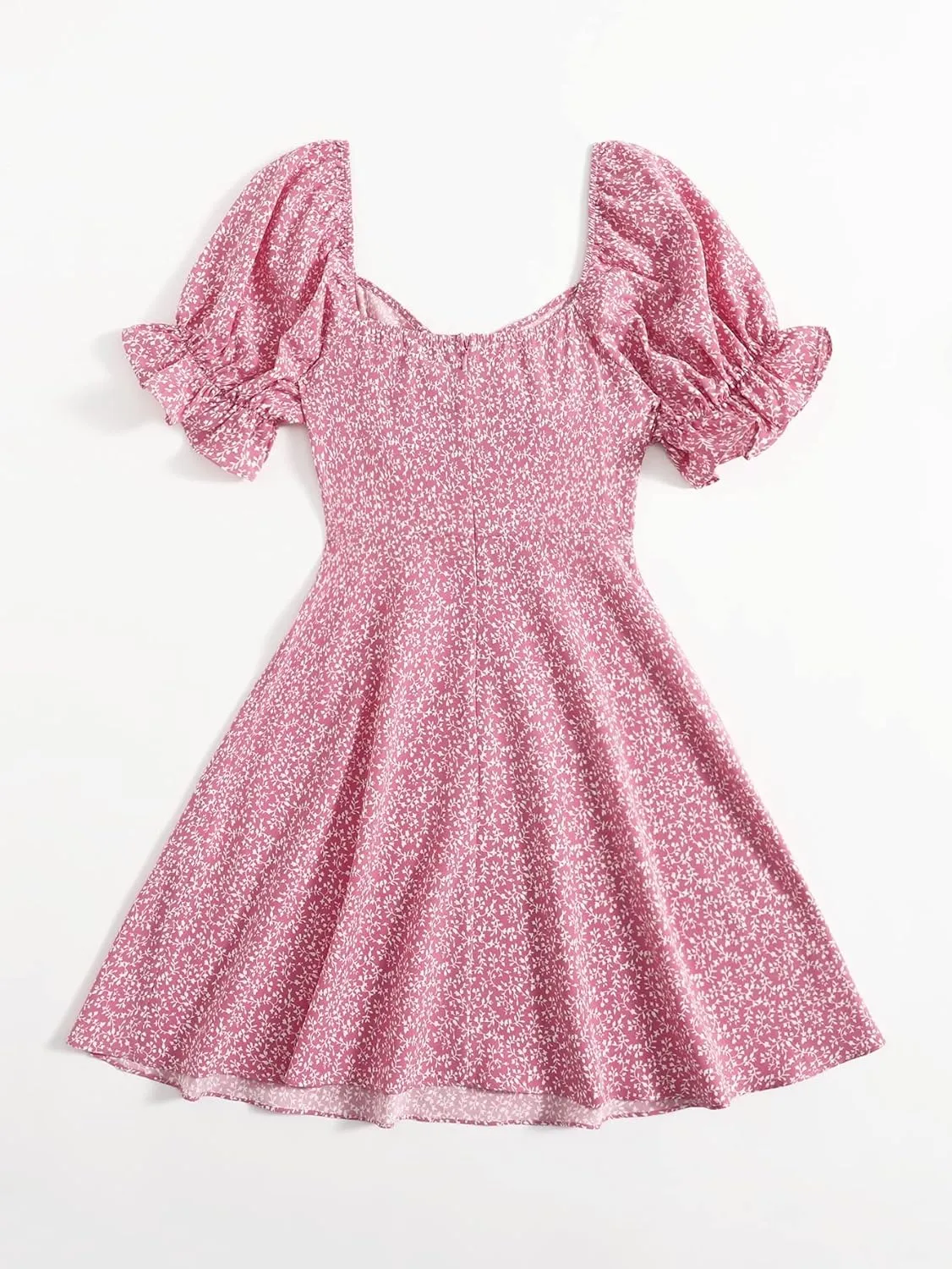 Floerns Women's Summer Drawstring Sweetheart Neck Puff Sleeve A Line Short Dress