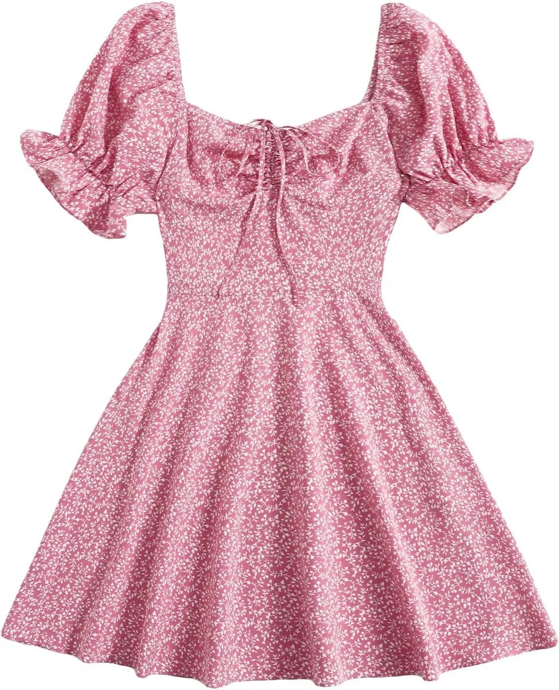 Floerns Women's Summer Drawstring Sweetheart Neck Puff Sleeve A Line Short Dress
