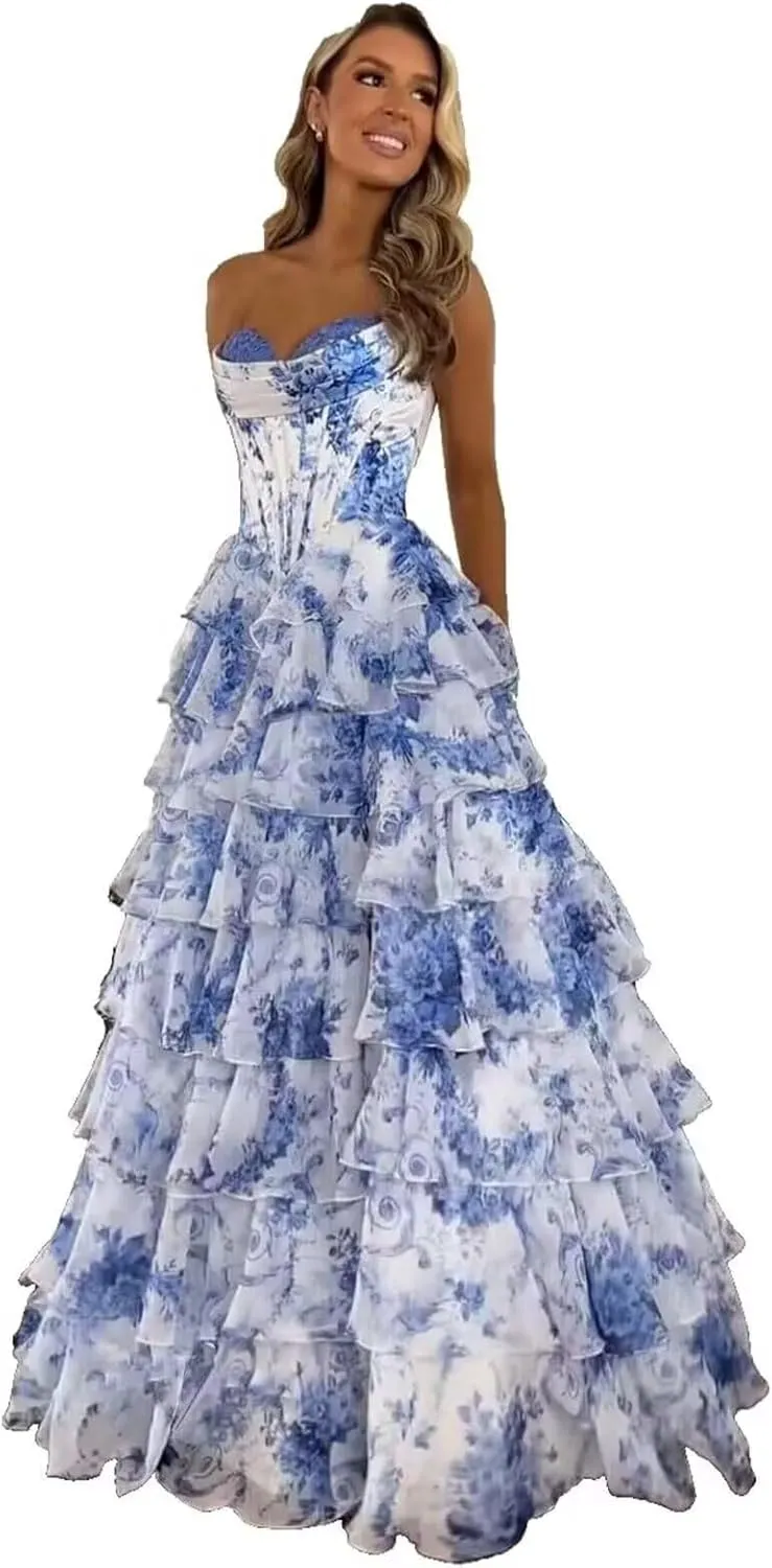Floral Tiered Prom Dresses 2025 with Slit Long Strapless Corset Chiffon Formal Evening Party Gowns