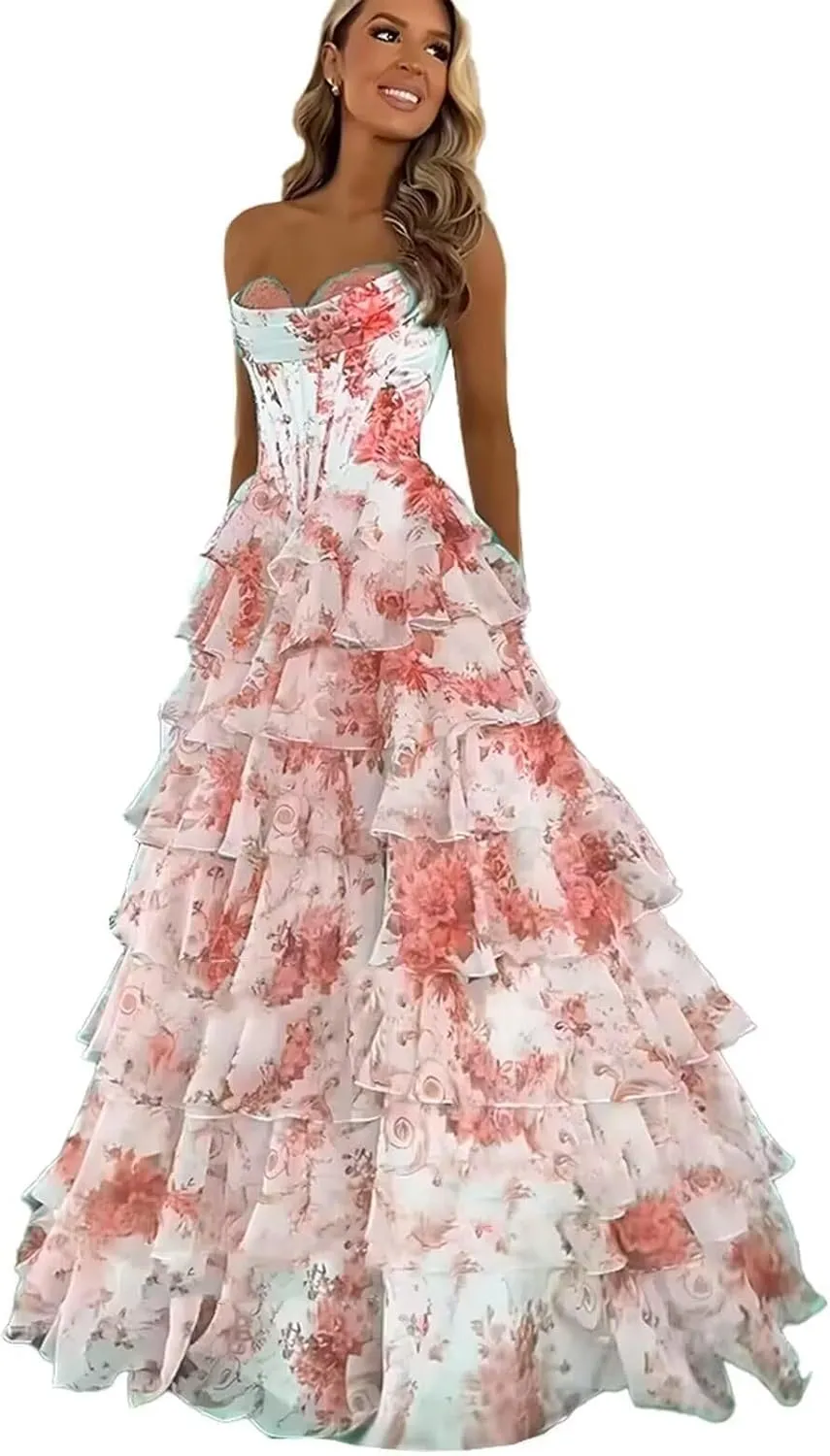 Floral Tiered Prom Dresses 2025 with Slit Long Strapless Corset Chiffon Formal Evening Party Gowns
