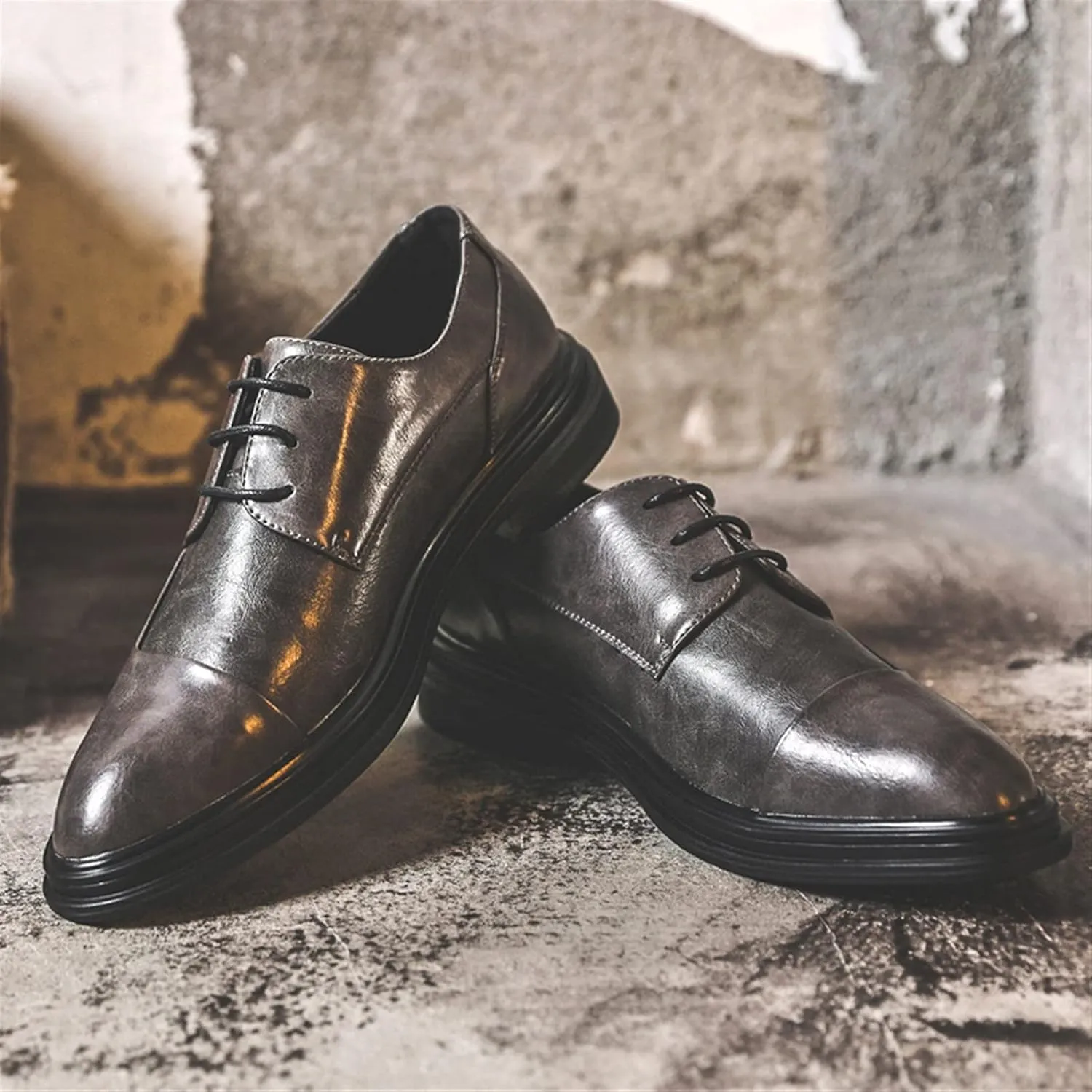 Formal Shoes Dress Oxford for Men Lace Up Derby Shoes Round Burnished Toe Vegan Leather Rubber Sole Anti-Slip Non Slip Party