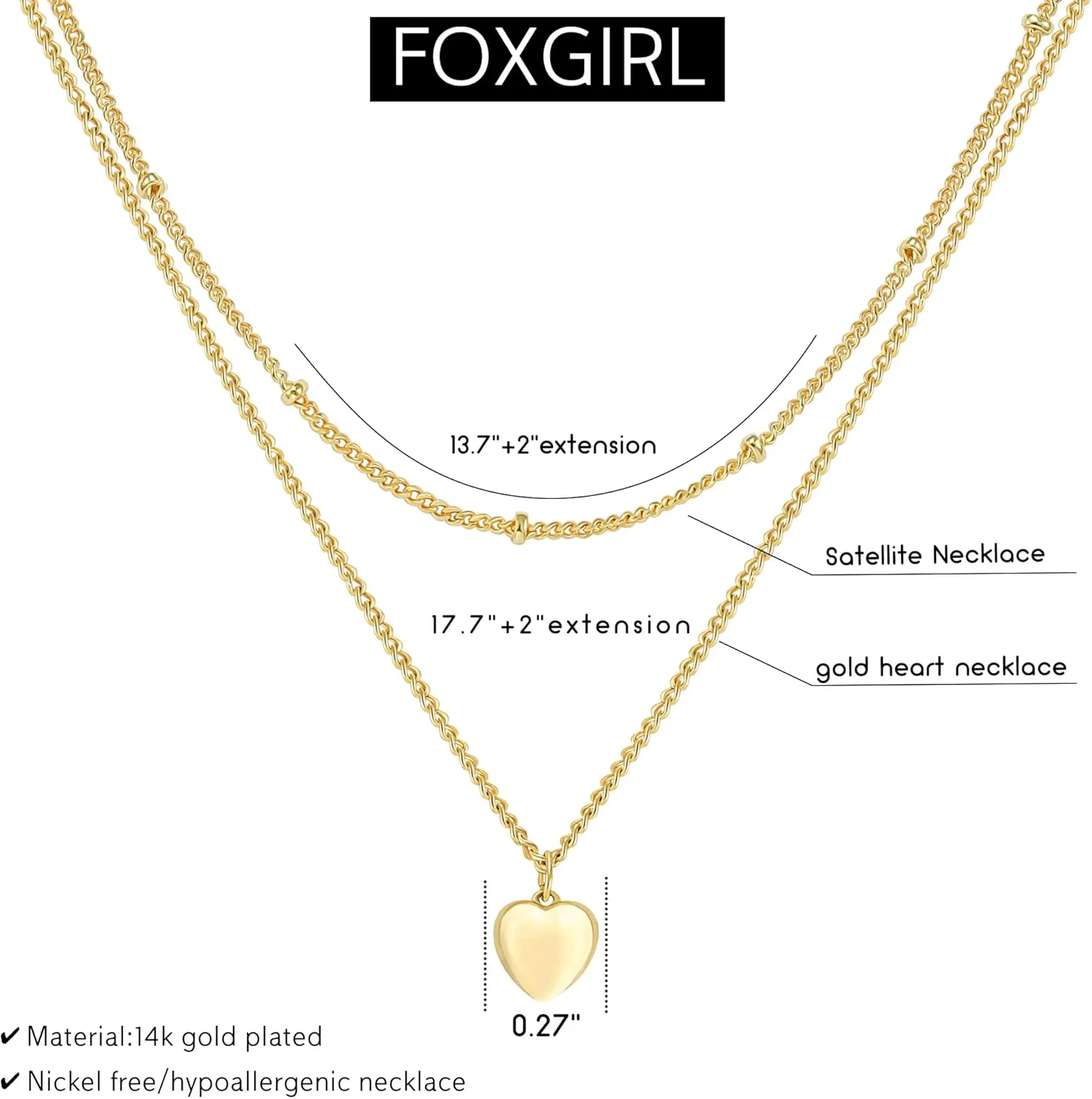 Foxgirl Gold Heart Necklaces for Women 14k Gold Plated Pendant Necklace Simple Cute Necklaces for Women Dainty Layered Choker Necklaces for Women Gold Jewelry for Teen Girls