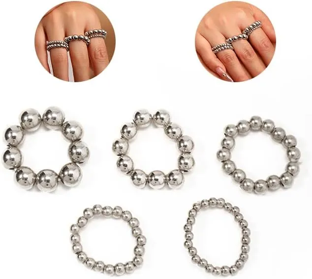 FUTIMELY 5Pcs Gold Ball Beaded Stretch Ring for Women,Vintage Layered Stack Knuckle Rings Pack,Handmade Beads Chain Rings Set Aesthetic Jewelry Accessories