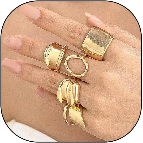 FUTIMELY 5Pcs Gold Chunky Stacking Knuckle Ring Set for Women Men,Trendy Silver Bold Thick Statement Rings,Punk Exaggerated Geometric Open Midi Band Ring