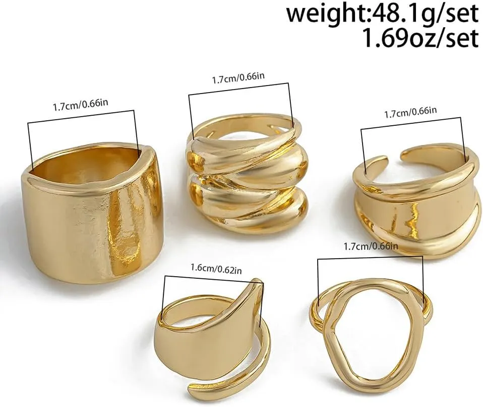 FUTIMELY 5Pcs Gold Chunky Stacking Knuckle Ring Set for Women Men,Trendy Silver Bold Thick Statement Rings,Punk Exaggerated Geometric Open Midi Band Ring