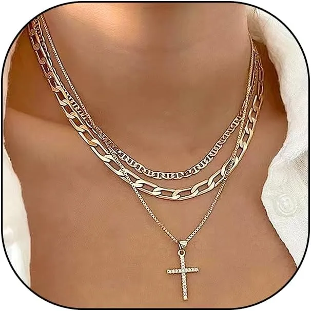 FUTIMELY Stackable Crystal Cross Pendant Necklaces for Women Layering Gold Crucifix Box Chain Necklace Set Paperclip Link Choker Necklaces Jewelry