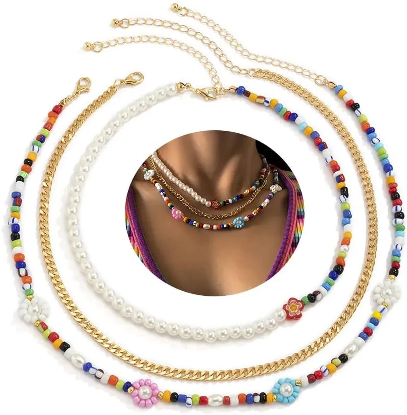 Gangel Boho Beaded Necklace Floral Pearl Choker Necklaces Gold Layered Chain Flower Necklaces Jewelry for Women