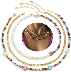 Gangel Boho Beaded Necklace Floral Pearl Choker Necklaces Gold Layered Chain Flower Necklaces Jewelry for Women