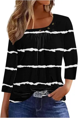 Generic Women's Casual 3/4 Sleeve T-Shirt Square Neck Cute Tunic Tops Button Decor Pleated Dressy Blouse Summer Cute Boho Tee